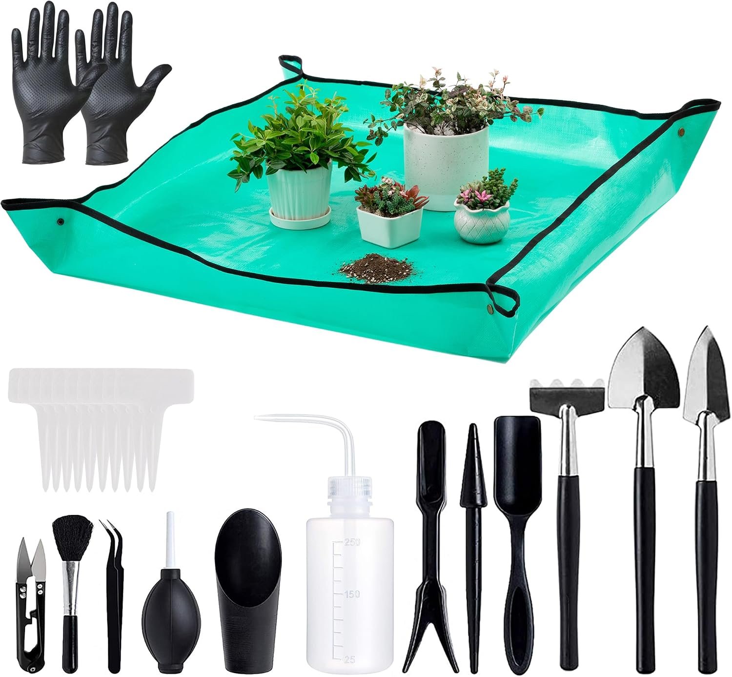 Melphoe 25Pcs Mini Garden Hand Transplanting Succulent Tools Set, 39.4″ Thickened Repotting Mat & Plant Tag, Miniature Planting Indoor Fairy Care, Potting, Cactus, Houseplant Bonsai Tool Kit (Black)