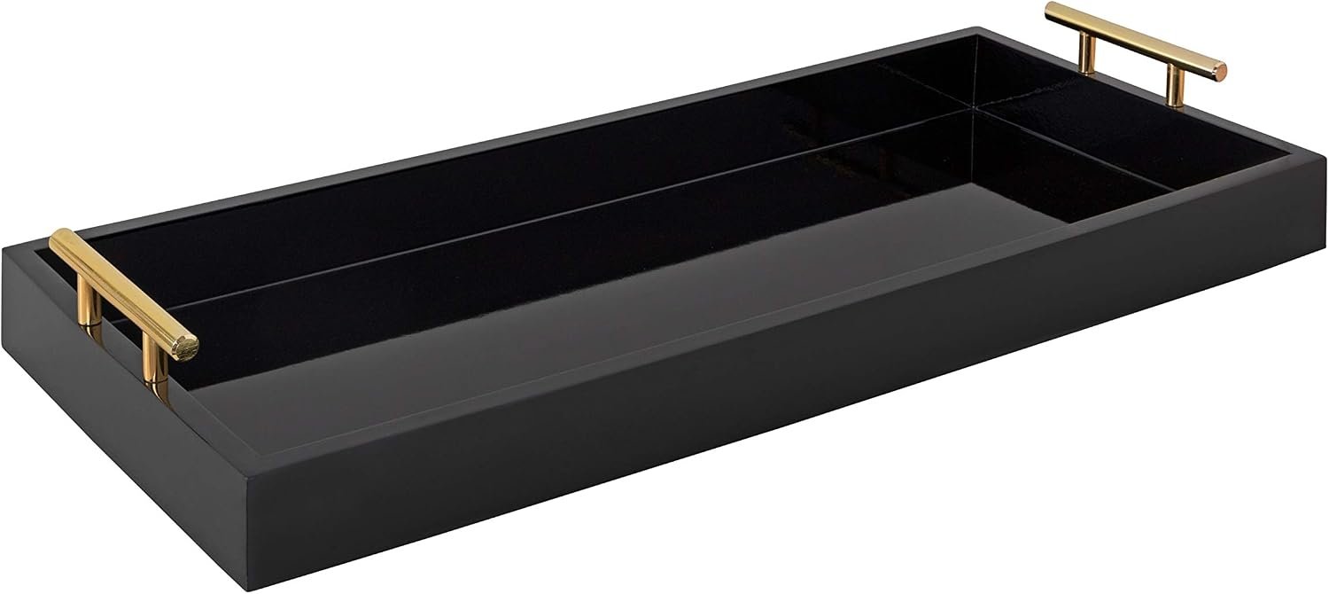 Kate and Laurel Lipton Narrow Decorative Tray with Polished Metal Handles, 10 x 24, Black and Gold, Chic Accent Tray for Display and Storage