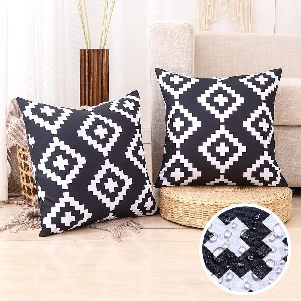 CARRIE HOME Black and White Outdoor Pillows Waterproof 18×18 Porch Throw Pillow Covers 18 x 18 Set of 2 Outdoor Patio Decor for Patio Furniture, RV, Backyard, Deck, Picnic, Beach, Trailer, Camping
