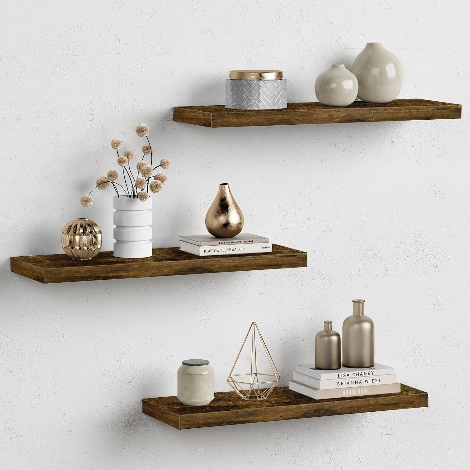 24 Inch Rustic Floating Shelves for Wall, Dark Wood Wall Mounted Shelves