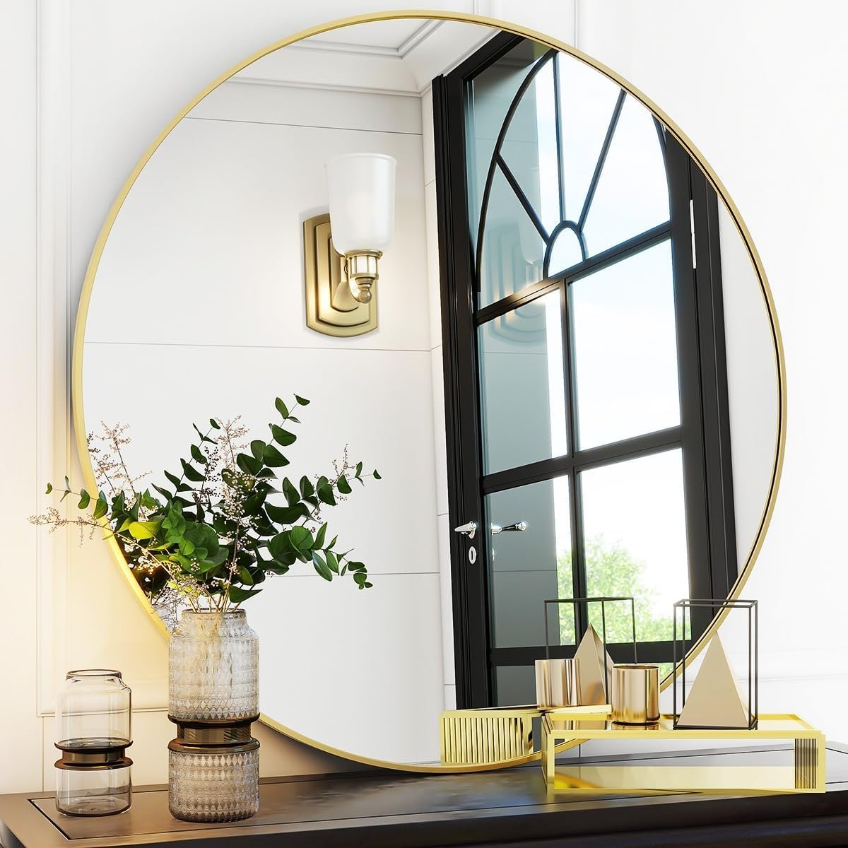 VooBang Gold Round Bathroom Mirror 30″, Thin Metal Frame Wall Mirror