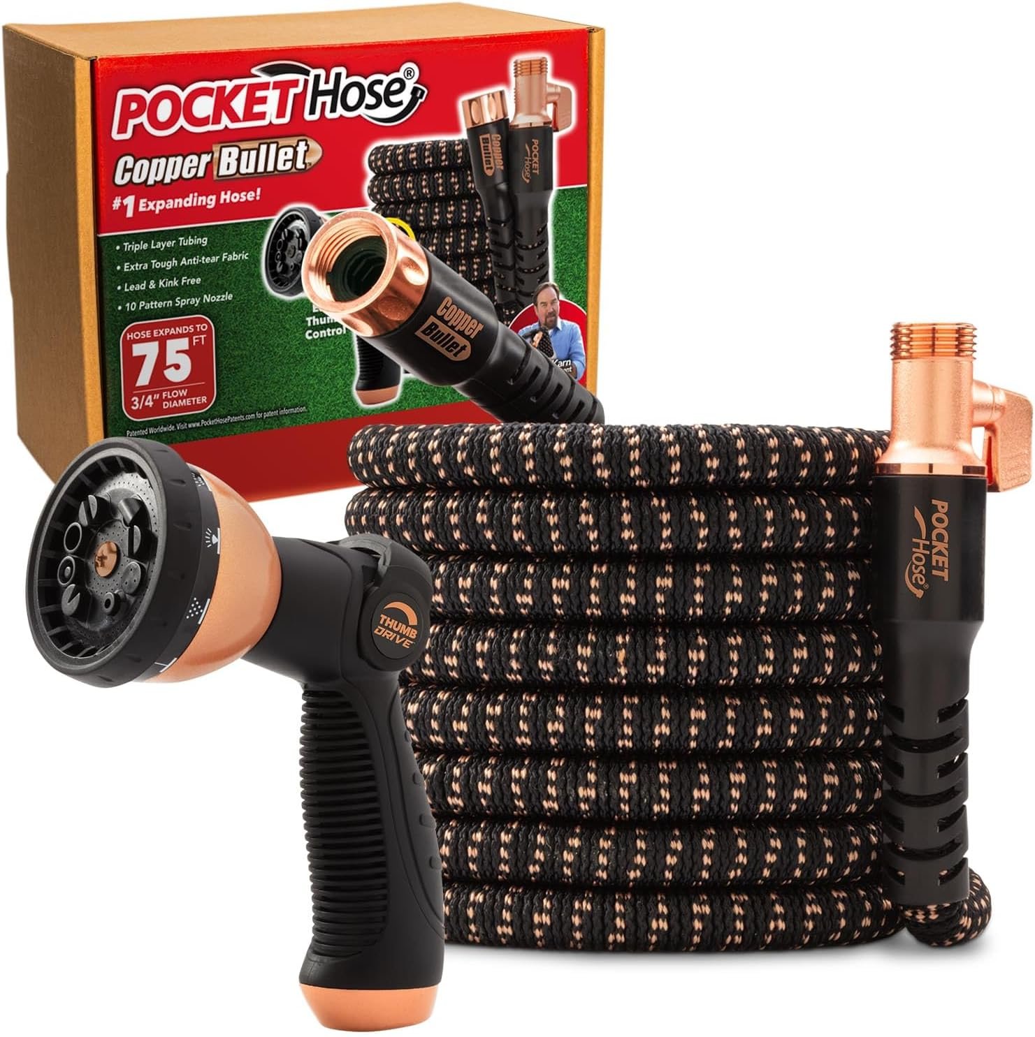 Pocket Hose 75 FT Copper Bullet Expandable Garden Hose w/10 Pattern Thumb Spray Nozzle AS SEEN ON TV 650psi 3/4 in Patented Lead-Free Ultra-Lightweight Solid Copper Anodized Aluminum