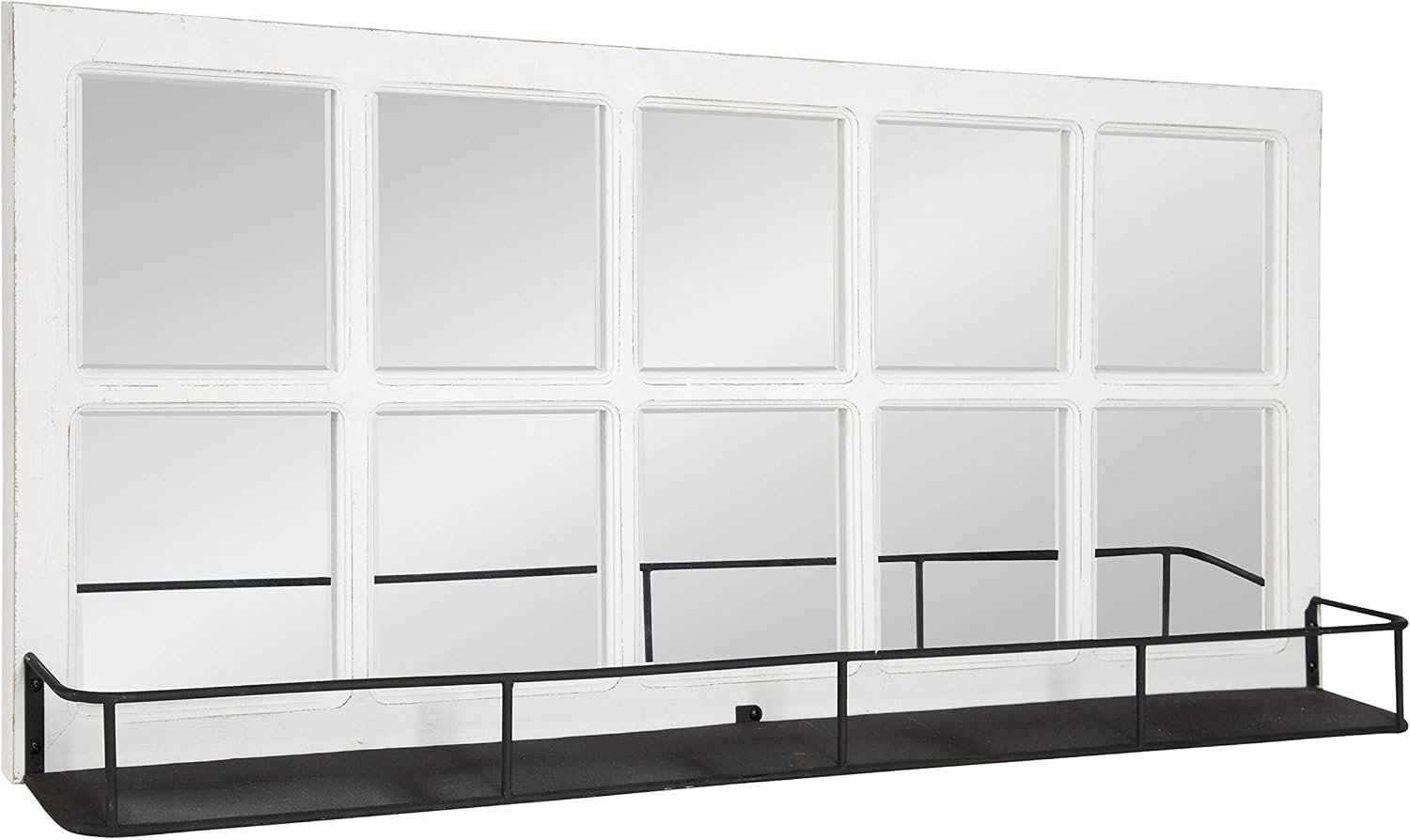 Kate and Laurel Jackson Casual Farmhouse Solid Wood 10 Windowpane Mirror with Distressed Black Metal Shelf, 40×18, Coastal White