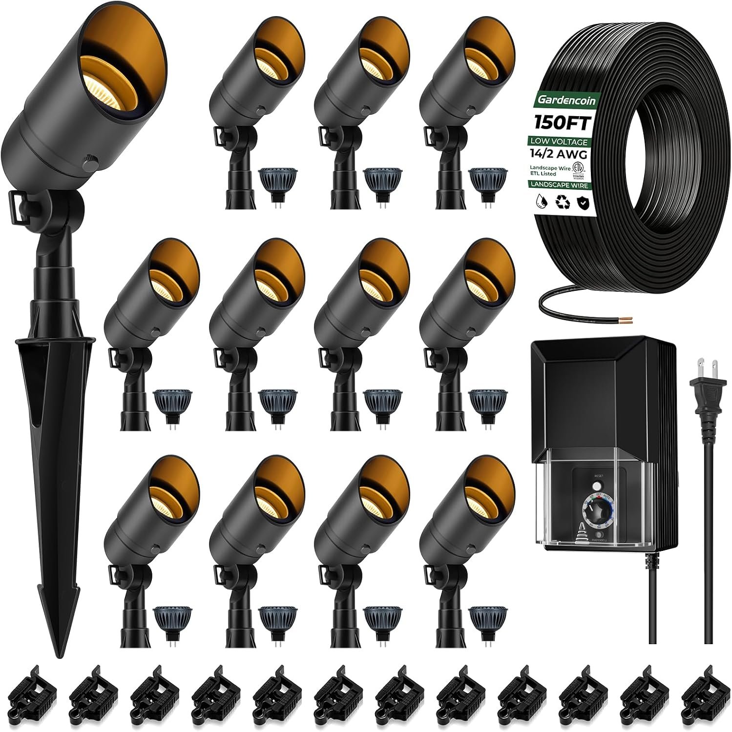 Gardencoin Complete Low Voltage Landscape Lighting Kit, 12-Pack 5W Spotlights with Smart Fastlock Connectors, 200W Transformer & 150FT Wire, Durable Aluminum Waterproof Fixture for Tree Yard