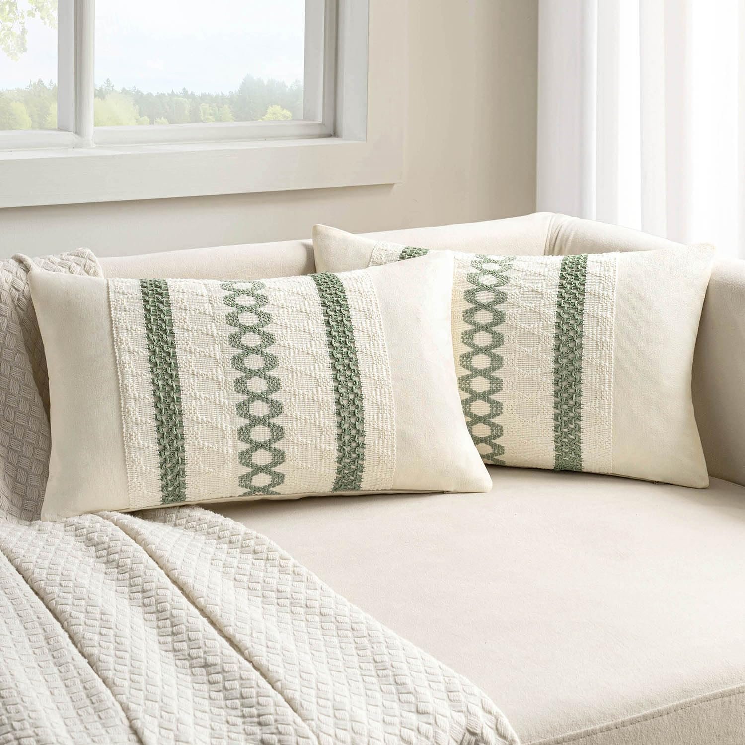 MIULEE Set of 2 Sage Green Boho Decorative Lumbar Pillow Covers 12×20 Inch