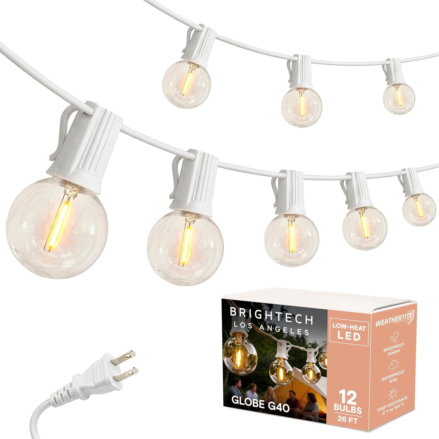 Brightech Ambience Pro LED String Lights – 26 Ft Commercial Grade Patio Lights Outdoor Waterproof – 12 Globe Porch String Lights for Outside, Backyard – 1W Vintage Edison Bulbs, Shine Bright, White