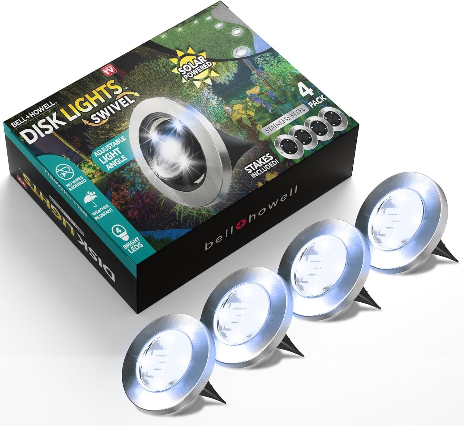 Bell+Howell Swivel Disk Lights Deluxe Set of 4 Inground Solar Lights with 8 LED Bulbs Solar Power Outdoor Lights for Yard, Garden and Lawn – Wireless, Stakes Included – As Seen On TV
