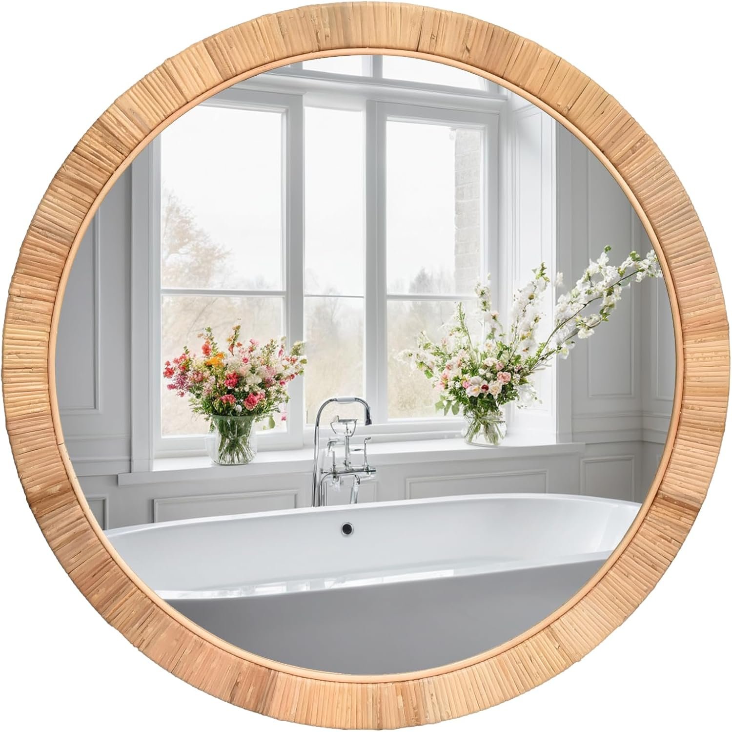 FUIN 25″ Boho Chic Round Rattan Mirror – Handmade Wicker Frame – Perfect for Rustic Farmhouse Décor