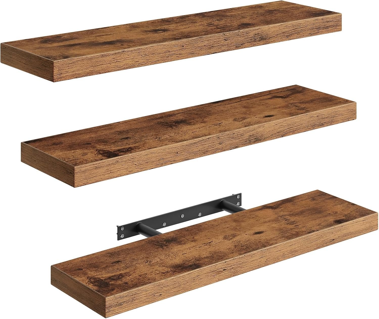 RALGEND Floating Shelves for Wall, 23.6″ Wall Shelf Set of 3 with Invisible Brackets, 1.5“ Thick Hanging Shelves Farmhouse Home Decor for Bathroom, Living Room, Kitchen, Rustic Brown 6301BJP3BF