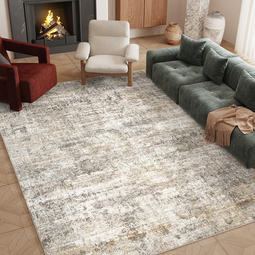8×10 Grey Beige Washable Area Rug for Living Room, Vintage Print