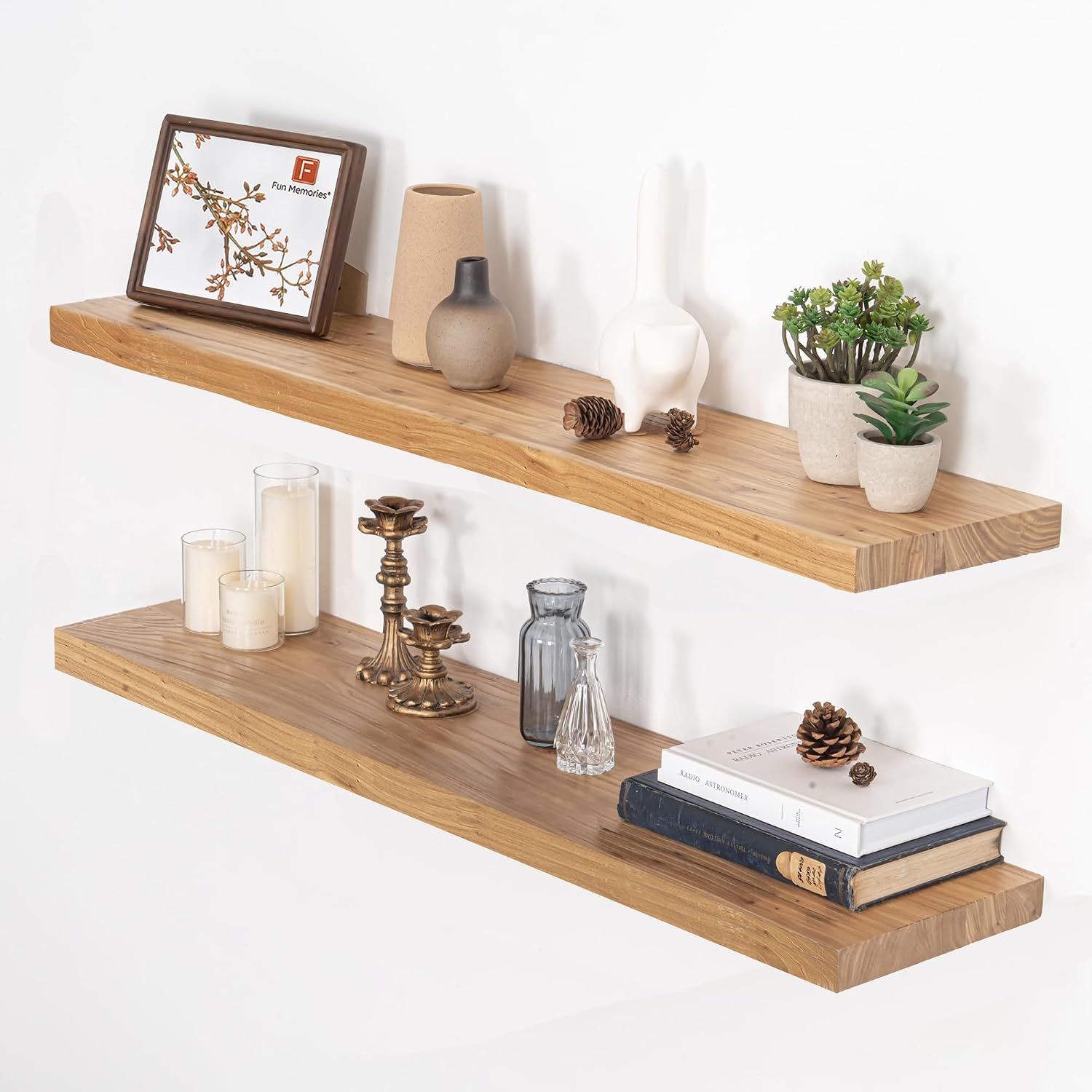 Floating Shelves for Wall, 40″W x 9.3″D x 1.5″H Rustic Solid Elm Wood Wall Shelves, Set of 2 with Invisible Heavy-Duty Metal Bracket, Deep Floating Shelf for Living Room Kitchen, Natural Finish