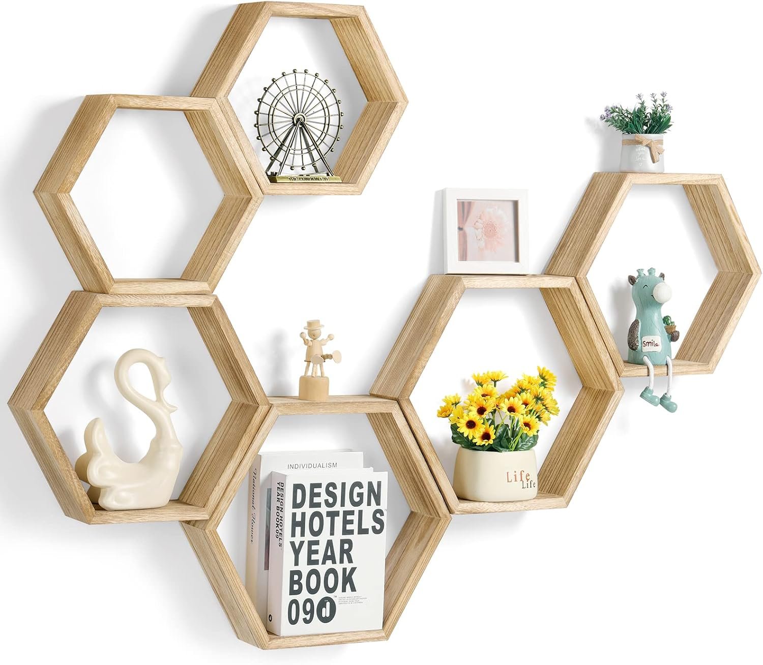 Hexagon Floating Shelves Set of 6, Honeycomb Wall Shelf, Light Brown