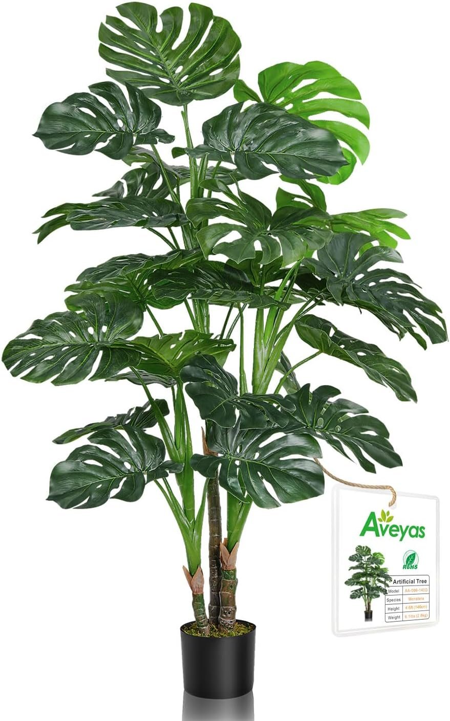 Aveyas 54” Tall Large Artificial Monstera Deliciosa Plants, 4.5 Feet Faux Swiss Cheese Floor Plants Fake Tropical Silk Tree with Pot for Indoor Outdoor Office House Living Room Home Decor