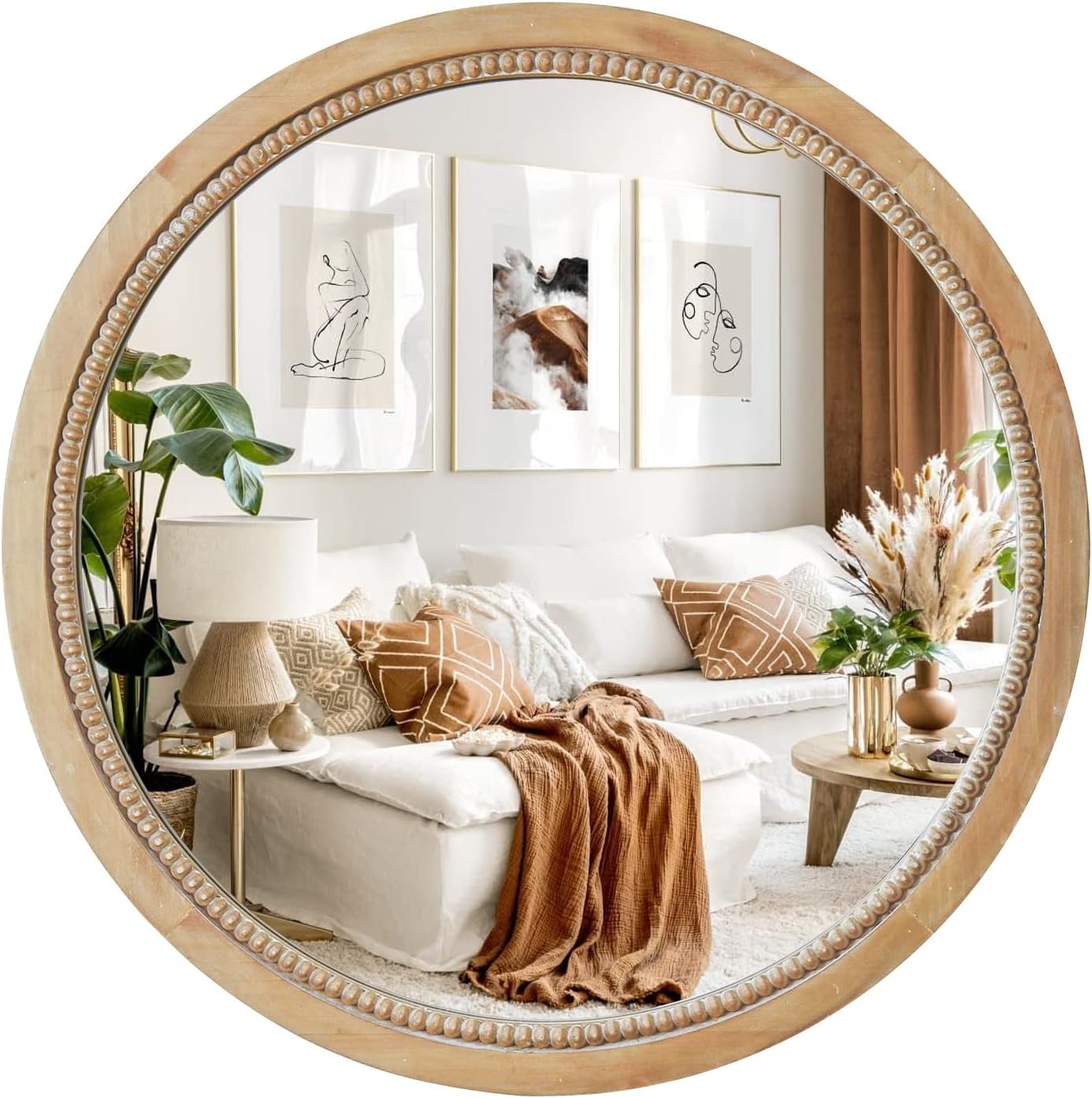 Round Wood Mirror,24″ Circle Farmhouse Vanity Boho Bathroom Wall Mirrors