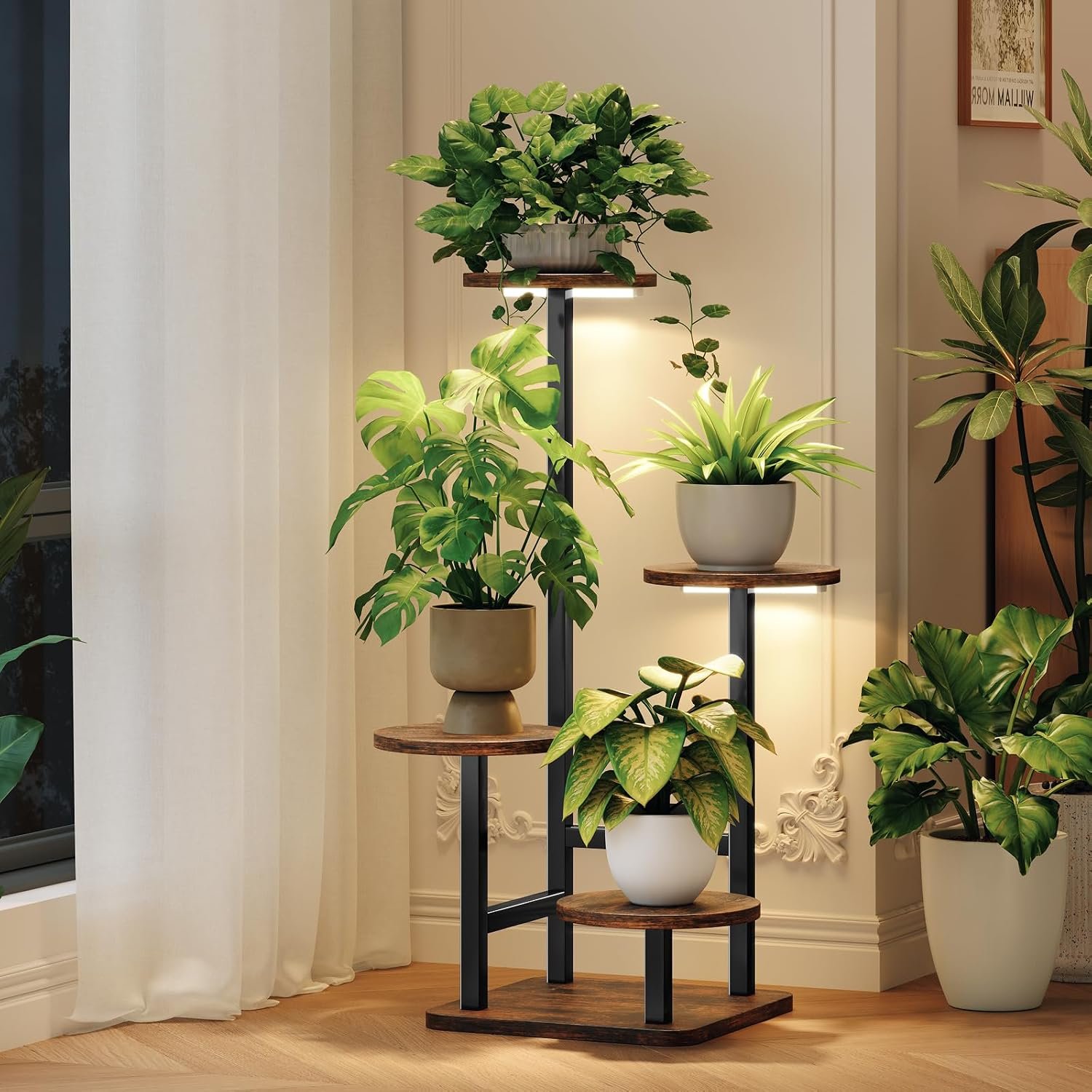 Homsorout Plant Stand Indoor with Grow Light,4-Tiered Tall Plant Stand Indoor, Metal Plant Shelf with Adjustable Light, Ideal for Living Room, Garden, Patio (Black Brown)