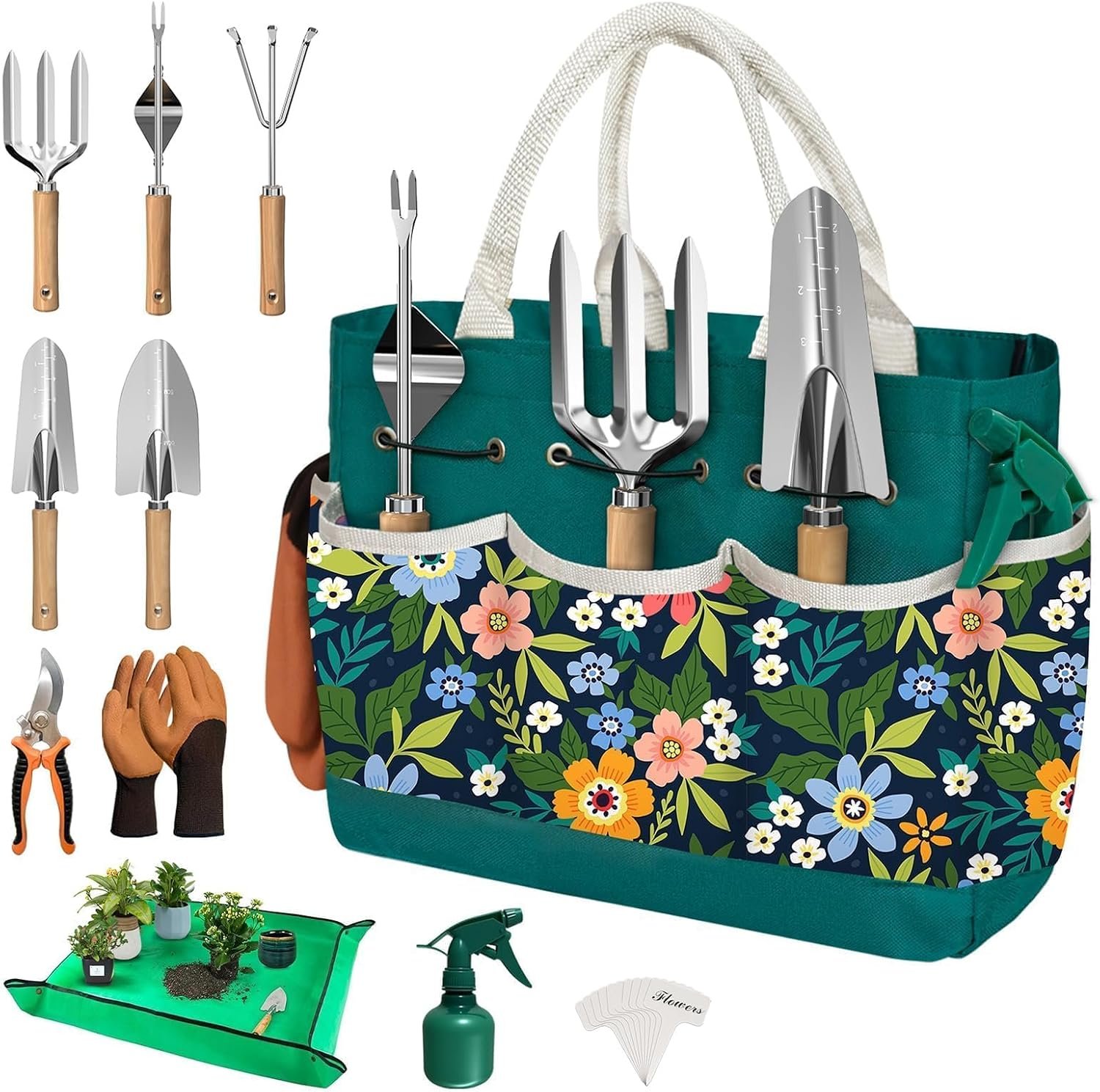 22Pcs Gardening Tools Set for Women Heavy Duty Garden Hand Tools Kit Birthday Gifts for Mom Wife Grandma Beginner Gardening Accessories with Tote Bag/Shovels/Repotting Mat/Plant Labels/Gloves