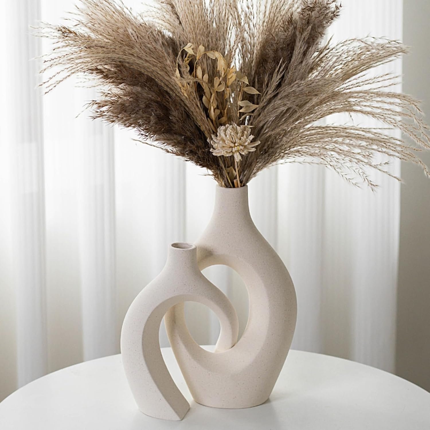 Liotww Snuggle Hollow Ceramic Flower Vase Modern Cream White Vase Set of 2
