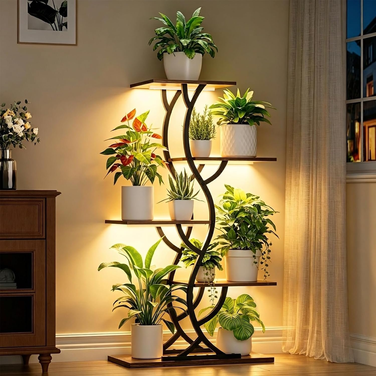 Plant Stand Indoor with Grow Lights – 5 Tiered Corner Plant Shelves (Brown)