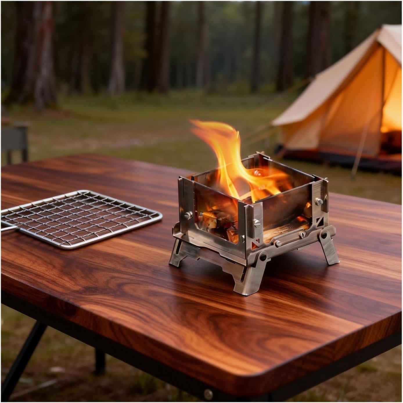 Mini Tabletop Fire Pit, Portable Camping Stove with Heat-Resistant Borosilicate Glass, Stainless Steel Frame, 9.4 x 8 x 7cm, 257.3g, Outdoor Fire Bowl for Incense Burning