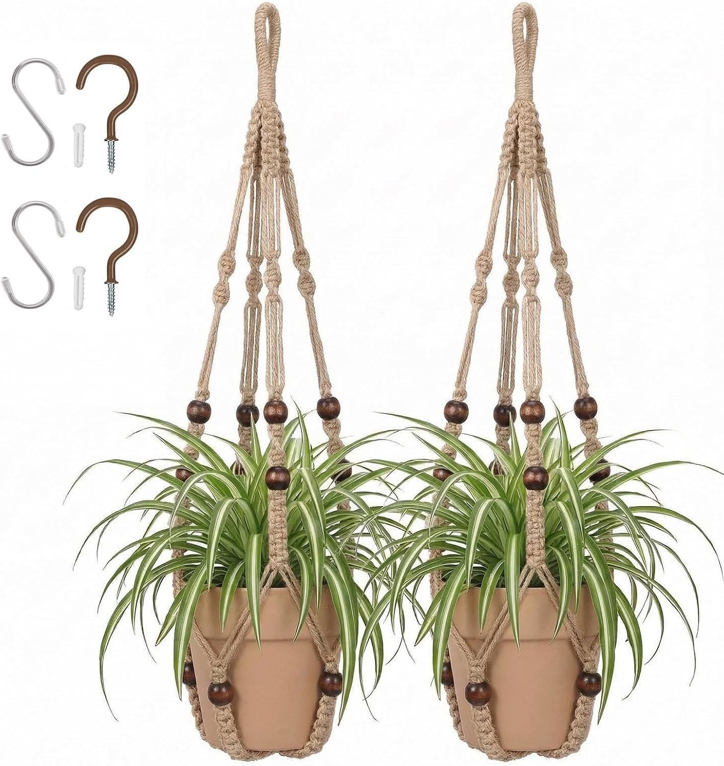 Macrame Plant Hanger 23″, Set of 2 No Tassel Hanging Plant Holder Indoor, Sturdy Flower Pot Holder with Hooks – Brown (Pot NOT Included)