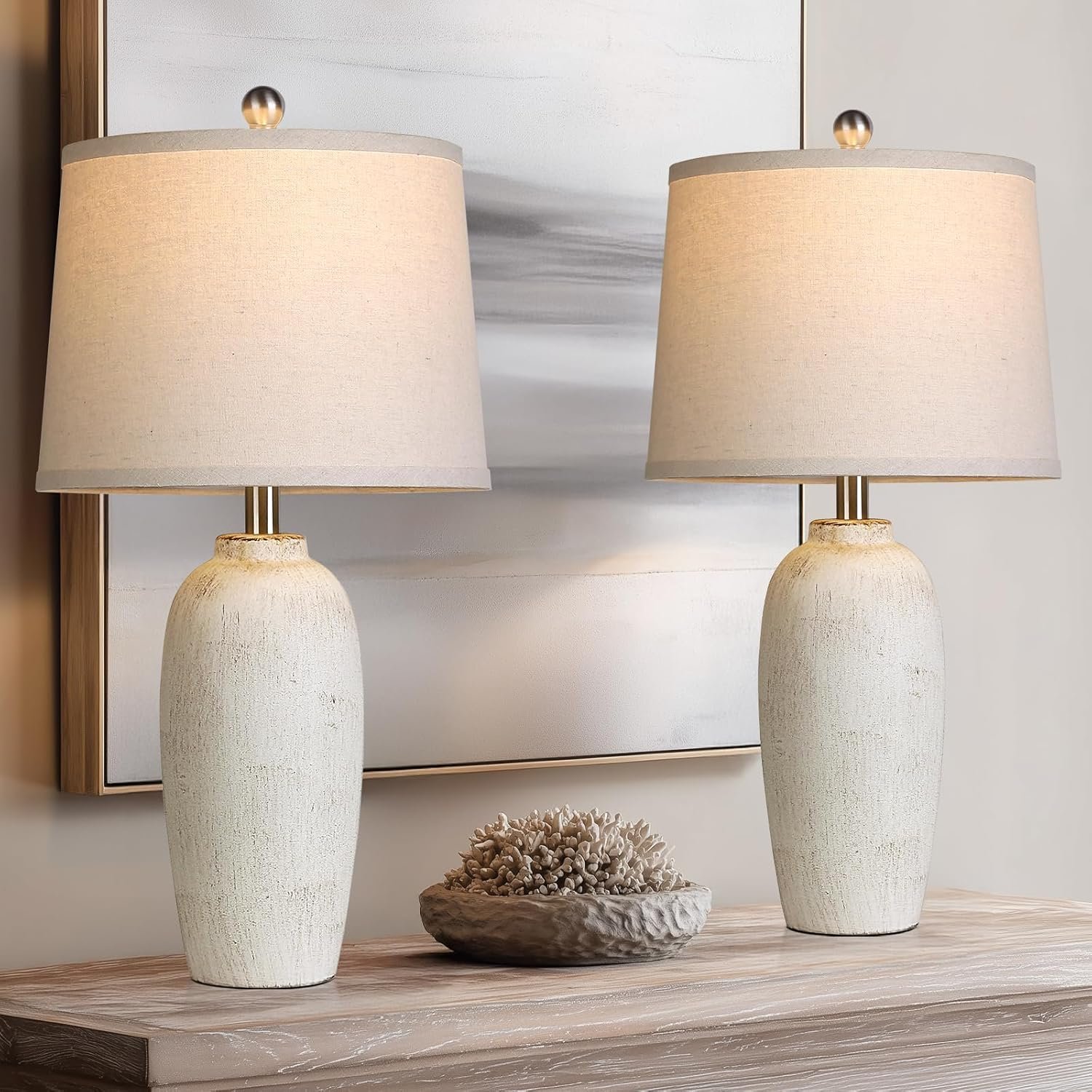 Jar Table Lamps Set of 2, 25″ Ceramic Bedside Lamps for Bedroom, Beige Farmhouse Nightstand Lamps for Living Room