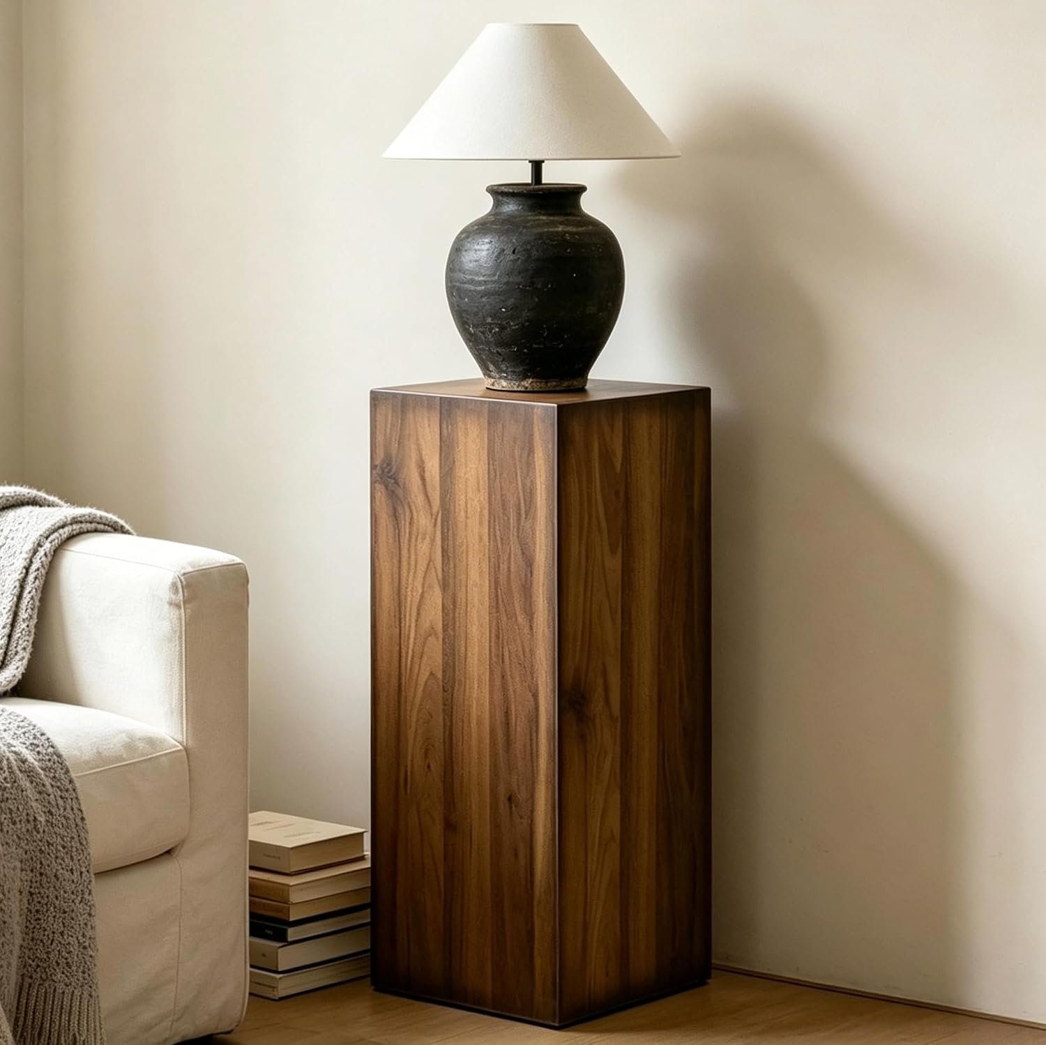 Bergamot 12X12X30 Inch Tall Cube Display Pedestal, Portable Wood Grain Gallery Stand, Decorative Side Table for Vase, Plant, Sculpture and Ornaments-Fully Assembled
