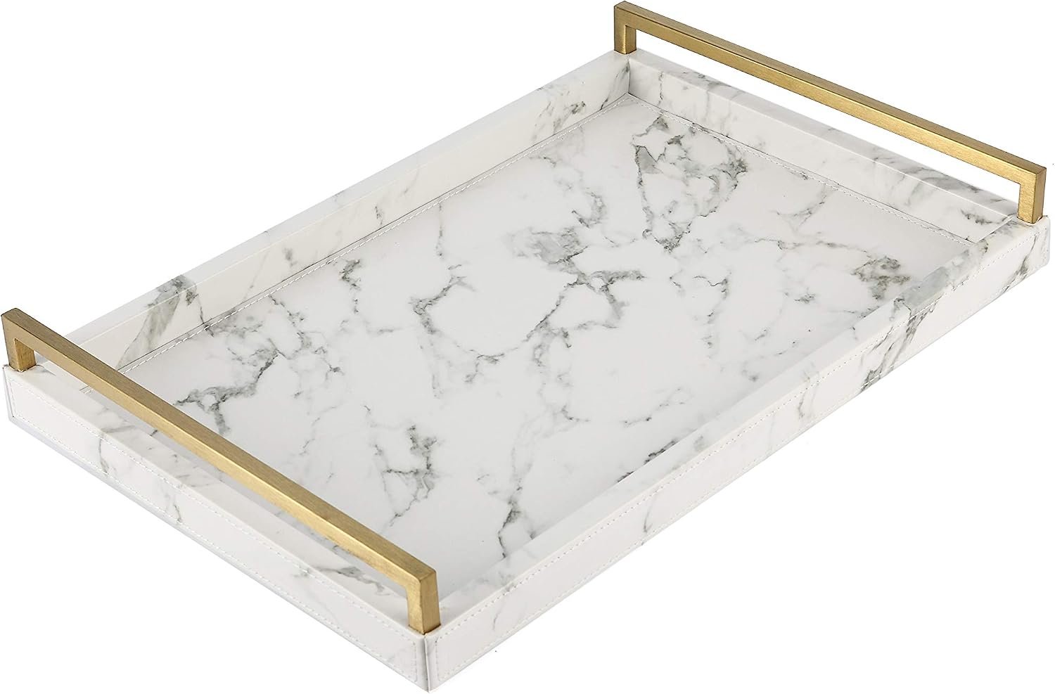 17.8 * 11.8″ White PU Leather Marble Finish Decorative Tray Serving Tray with Brushed Gold Handle for Coffee Table, Console Table, Ottoman