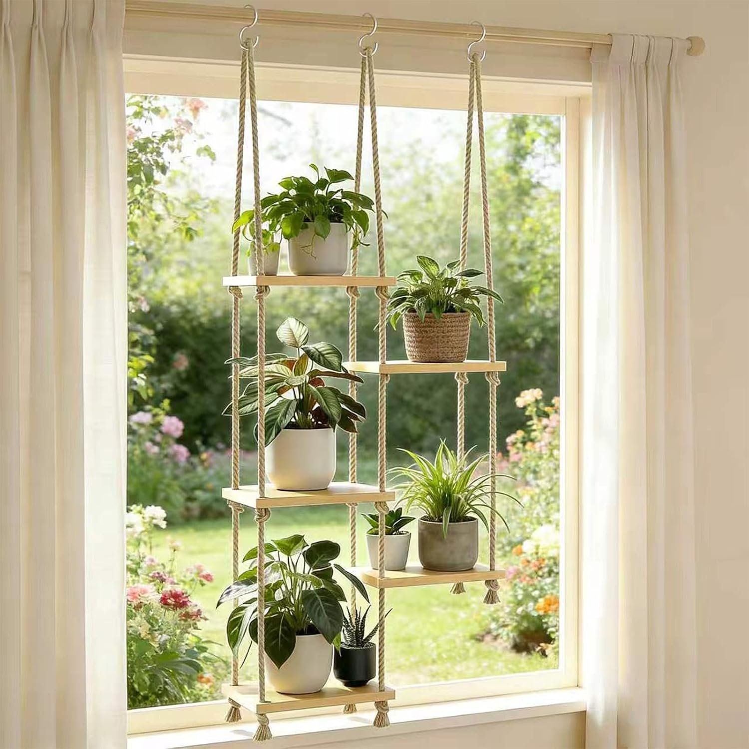 Window Plant Shelves for Indoor Plants Plant Shelf Indoor Wall Mounted Hanging Plant Stand with Wooden Shelves for Windowsill Boho Indoor Plant Shelf for Window Sill