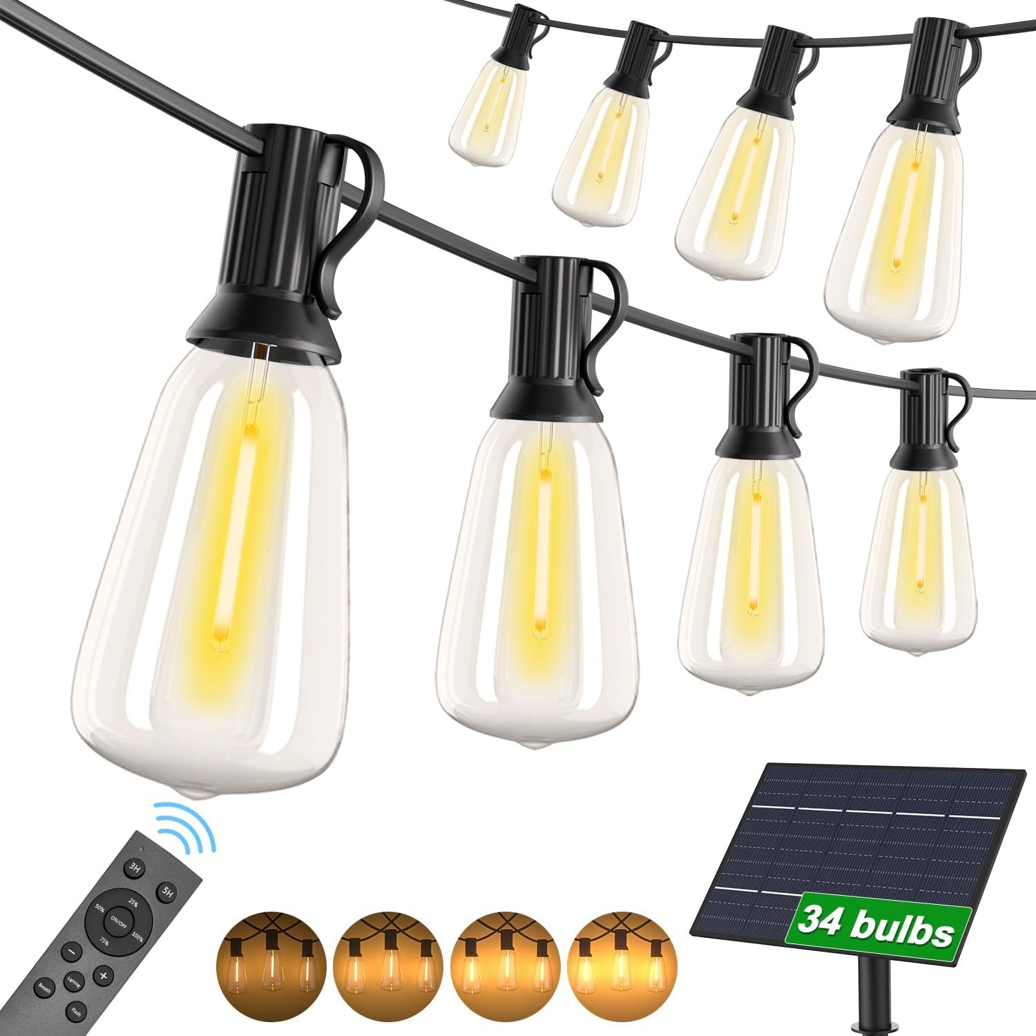 50FT Solar String Lights, Dimmable Remote, Outdoor Waterproof