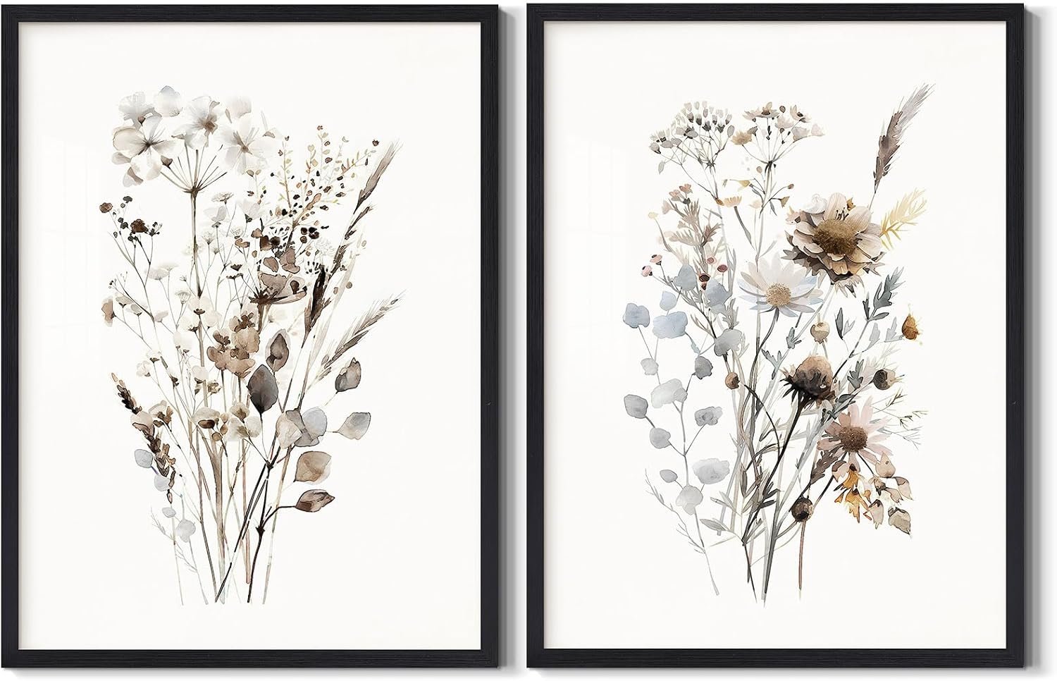 2Piece Watercolor Botanical Wall Art Neutral Wildflower Painting 12×16 Inch