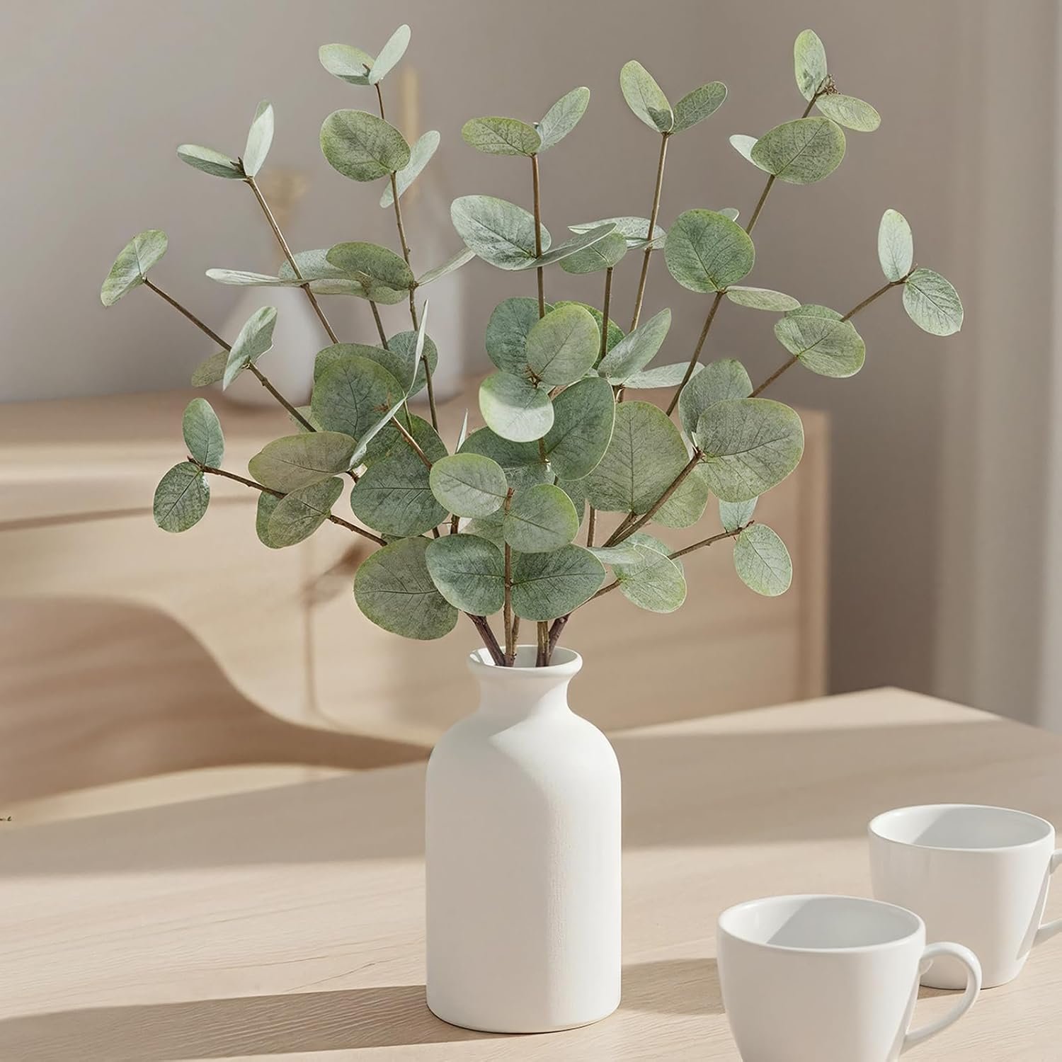15″ Artificial Eucalyptus Stems Potted Plant – Realistic Small Fake Desk Plants for Office Home Decor, Faux Plants in Frosted Ceramic Vase for Indoor Spaces, Wedding Centerpieces Table Decor-4pcs leaf