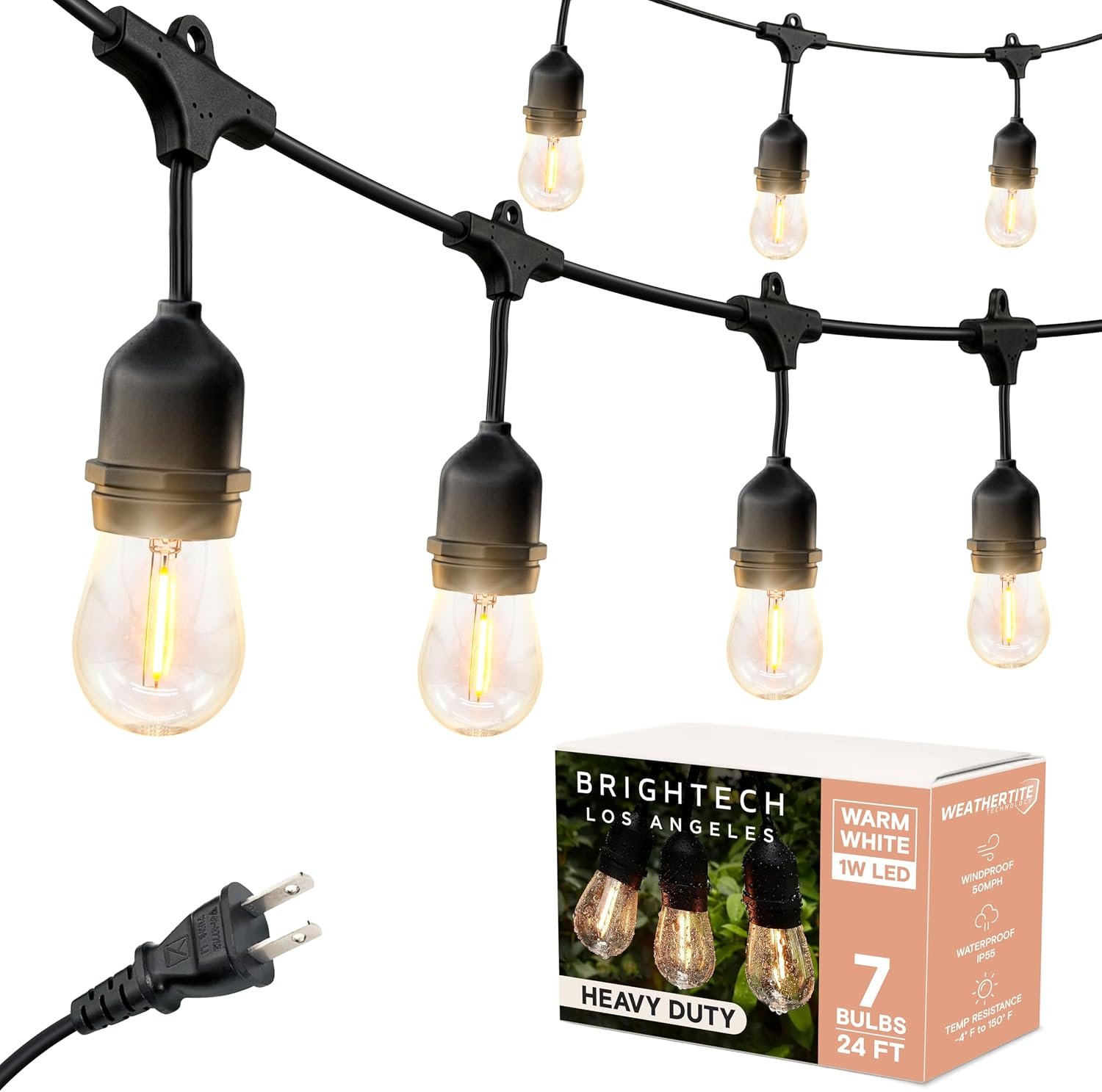 Brightech Ambience Pro LED String Lights – 24 Ft Commercial Grade Patio Lighting Outdoor Waterproof – 7 Heavy Duty Porch Lights for Outside, Christmas, Backyard – 1W Vintage Edison Bulbs, Dimmable
