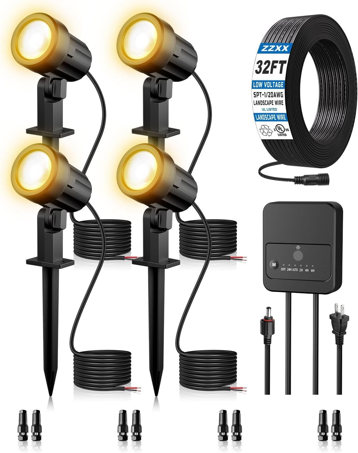 ZZXX All-in-One Low Voltage Landscape Lighting Kit Dusk to Dawn, 4-Pack