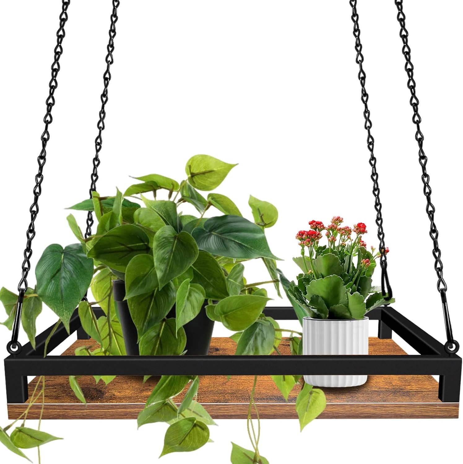 Plant Hanger Indoor, 16″ Wooden Hanging Plant Holder with Metal Frame