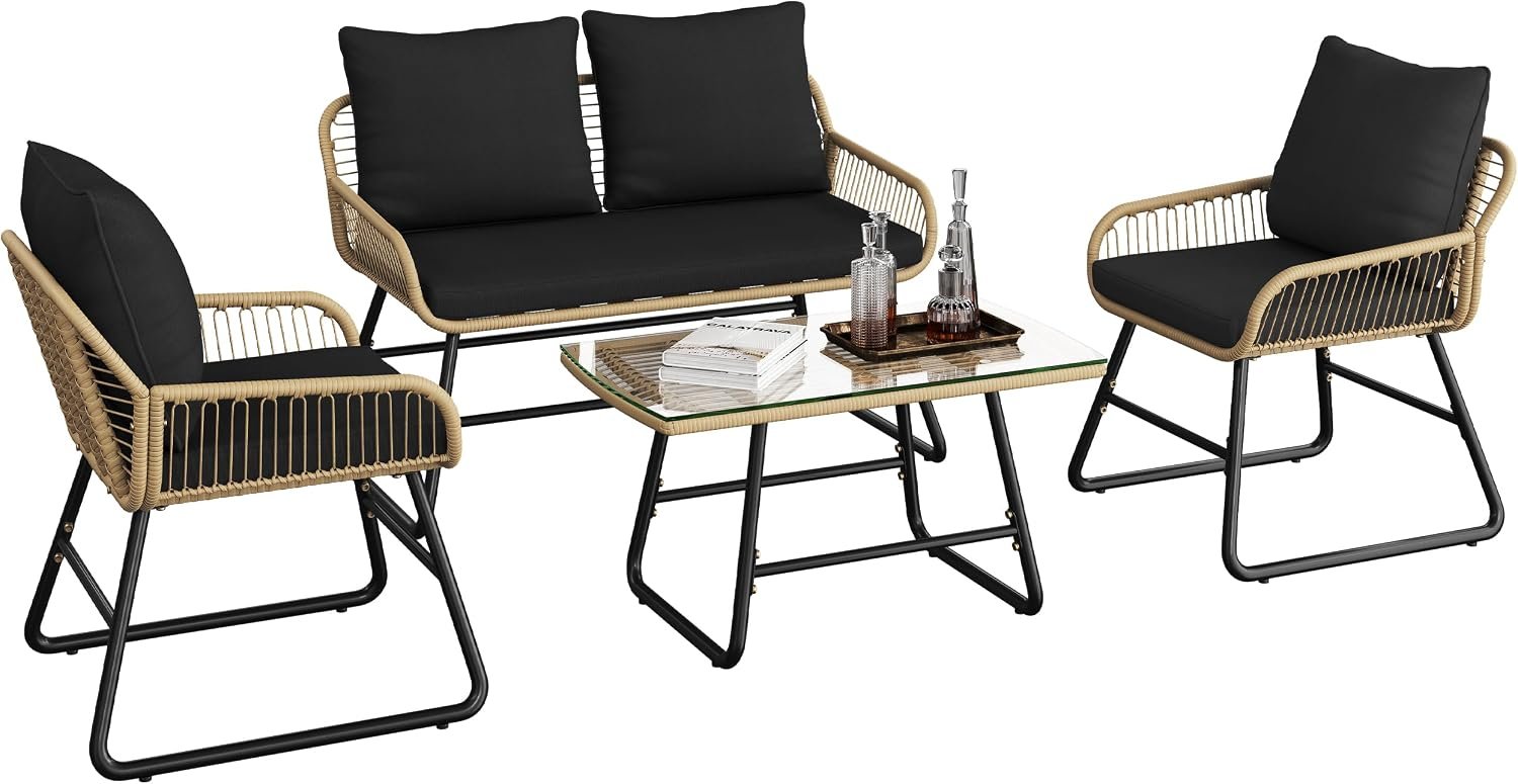 Yaheetech 4 Piece Patio Furniture Set, Outdoor Wicker Conversation Sets, Boho Loveseat & 2 Armchairs with Cushion and Pillow, Glass Top Table for Backyard, Porch, Balcony, Deck – Tan/Black