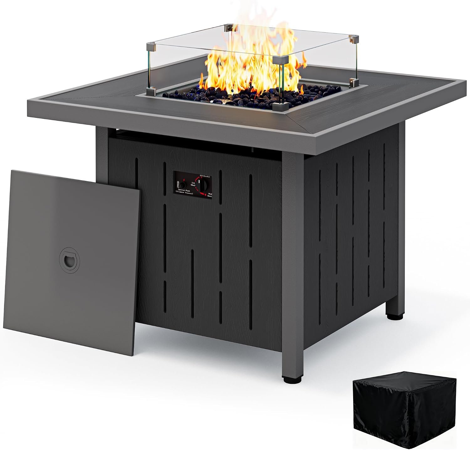 SERWALL 33″ Square Outdoor Fire Pit Table with Lid, Black