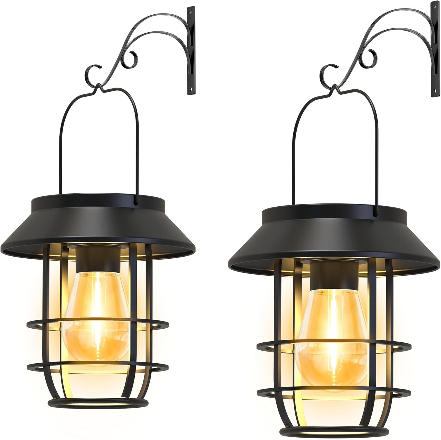 2 Pack Solar Lanterns Outdoor Waterproof, Metal Hanging Lantern, Black