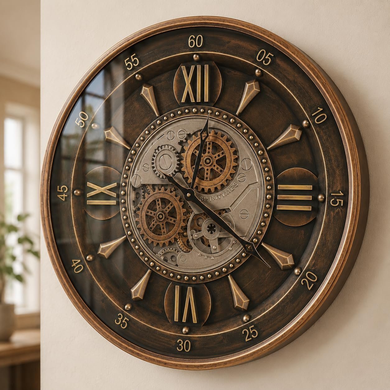 October Elf 24 Inch Wall Clock, Brown with Roman Numerals