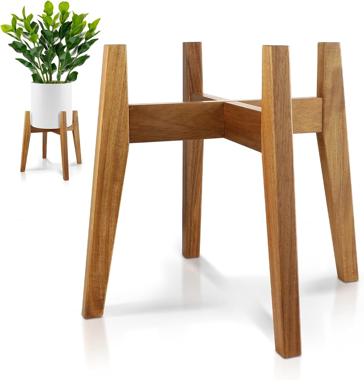 Wooden Plant Stand Indoor, Mid Century Planter Stand, Acacia Wood, 11 Inch
