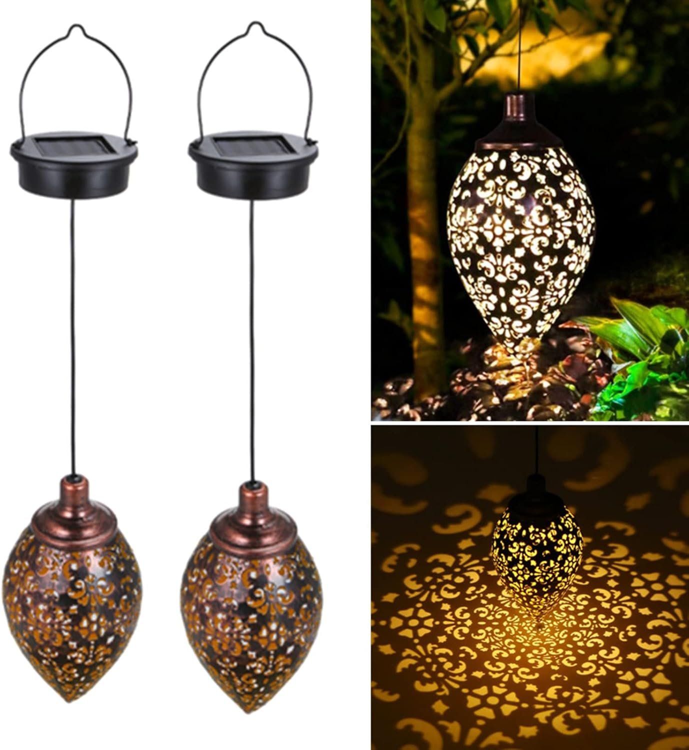 (2 Pack) Hanging Solar Lights, Tomshine Solar Lantern LED Moroccan Garden Decor, Metal Solar Lanterns Outdoor Waterproof for Outside, Patio, Porch, Pathway Hanging Decor