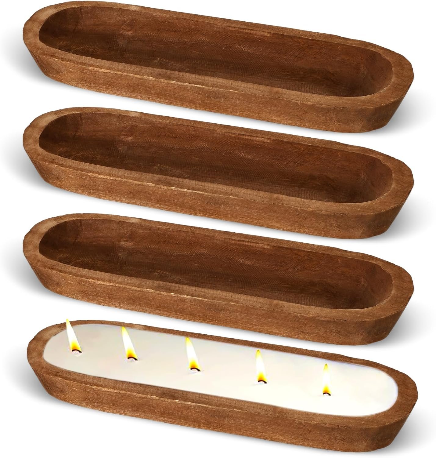 FoldTier 4 Pcs Wooden Dough Bowl Bulk,Brown,20” X 6” X 2”,Classic