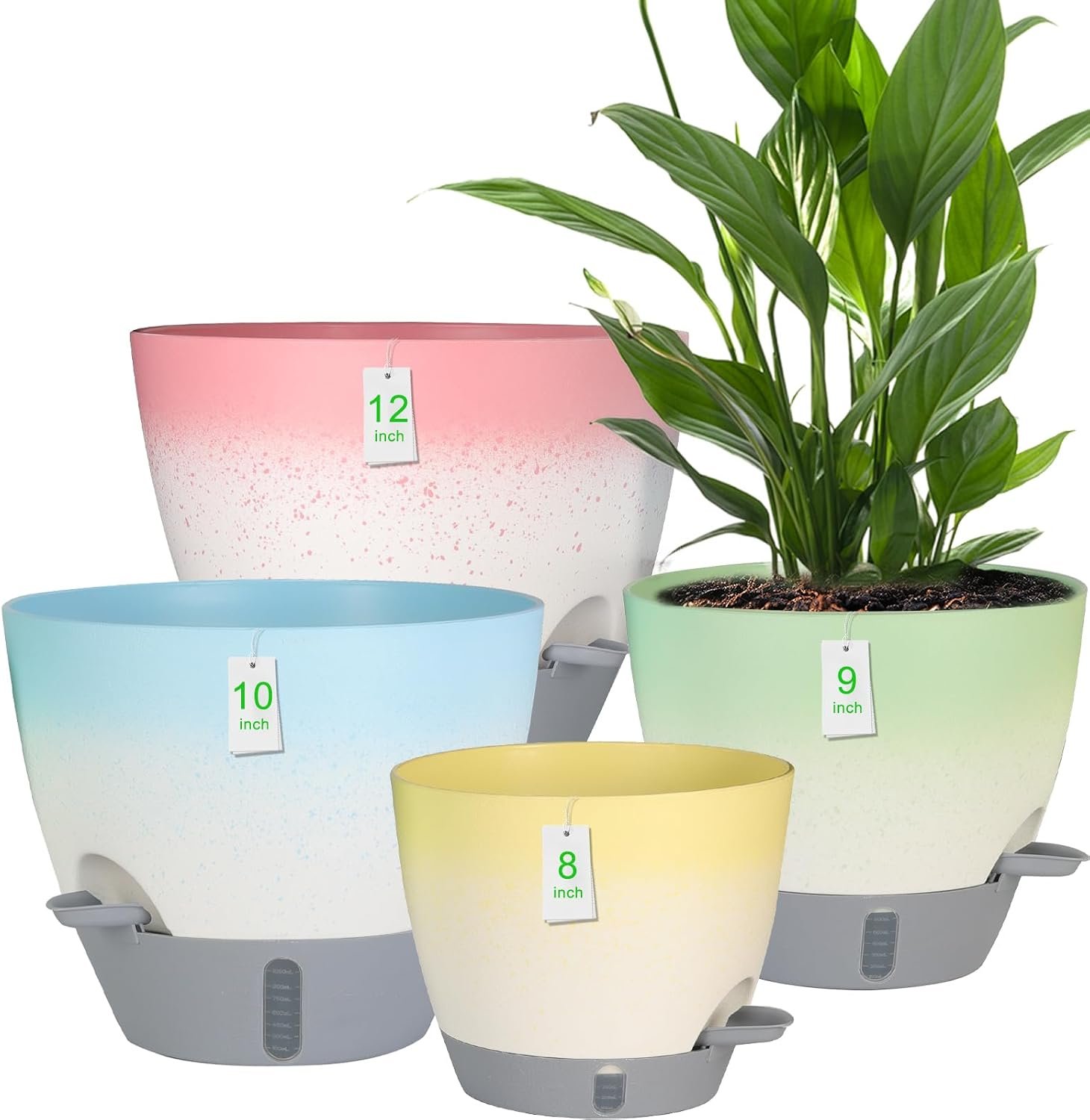 4-Piece Planter Set, 12/10/9/8-inch Self-Watering Pots with Drainage Holes, Deep Trays, Water Level Indicators, Suitable for Plants (12/10/9/8-inch, White Gradient Design)