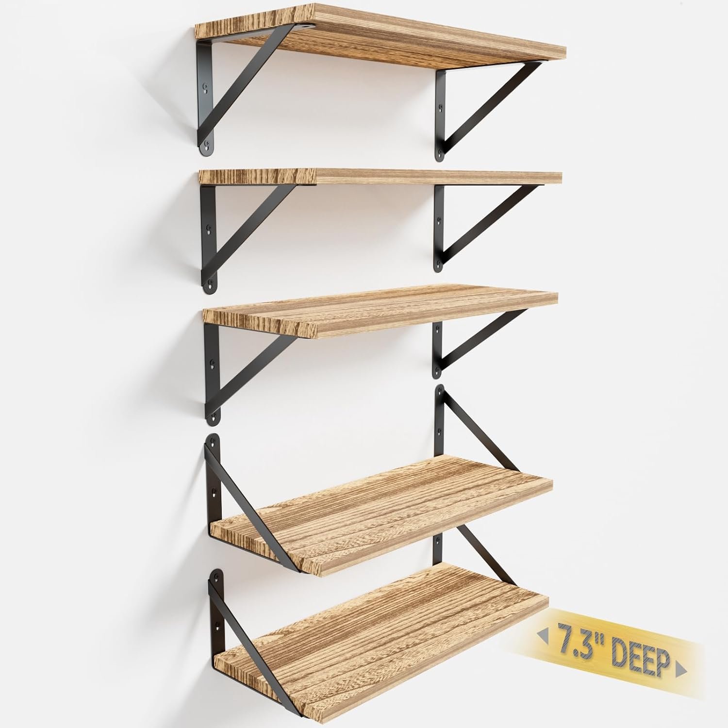 COCOYA Wall Shelves 7.3″ Deep Solid Paulownia Wood (Light Brown, Set of 5)