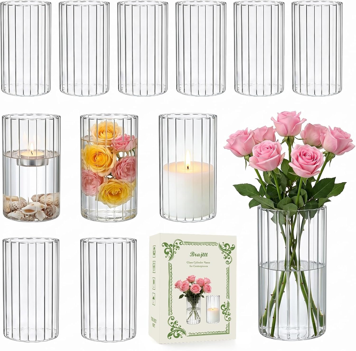 12 pcs Ribbed Glass Cylinder,6 inch Flower Vases for Centerpieces