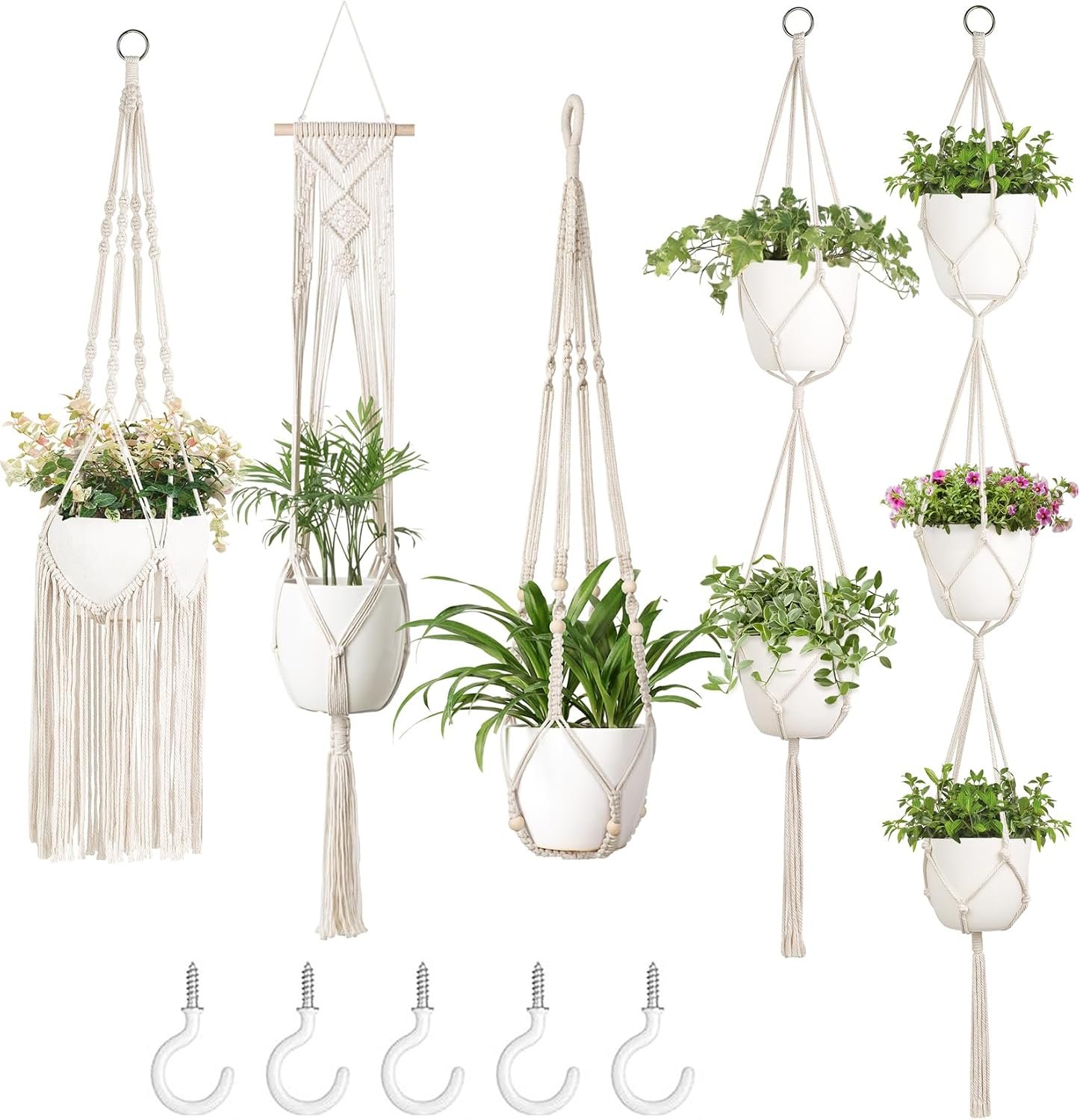 Mkono Macrame Plant Hanger 5 Pack Indoor Hanging Planters Basket with Hooks