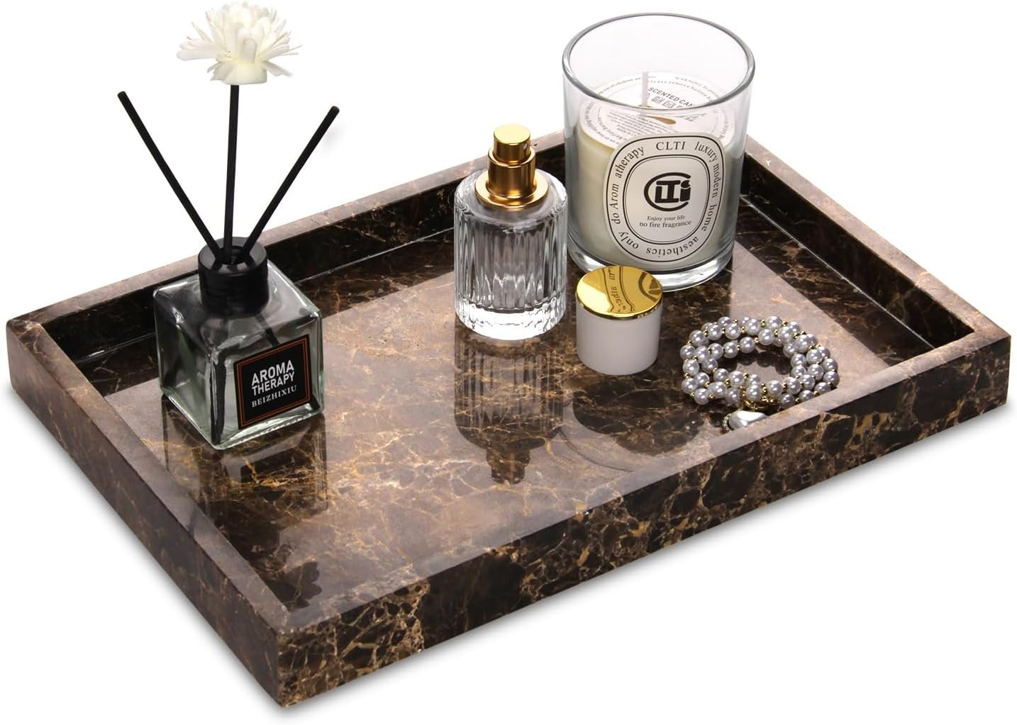 Marble Bathroom Vanity Tray, Dark Brown, 12″x 8″ x1.2″