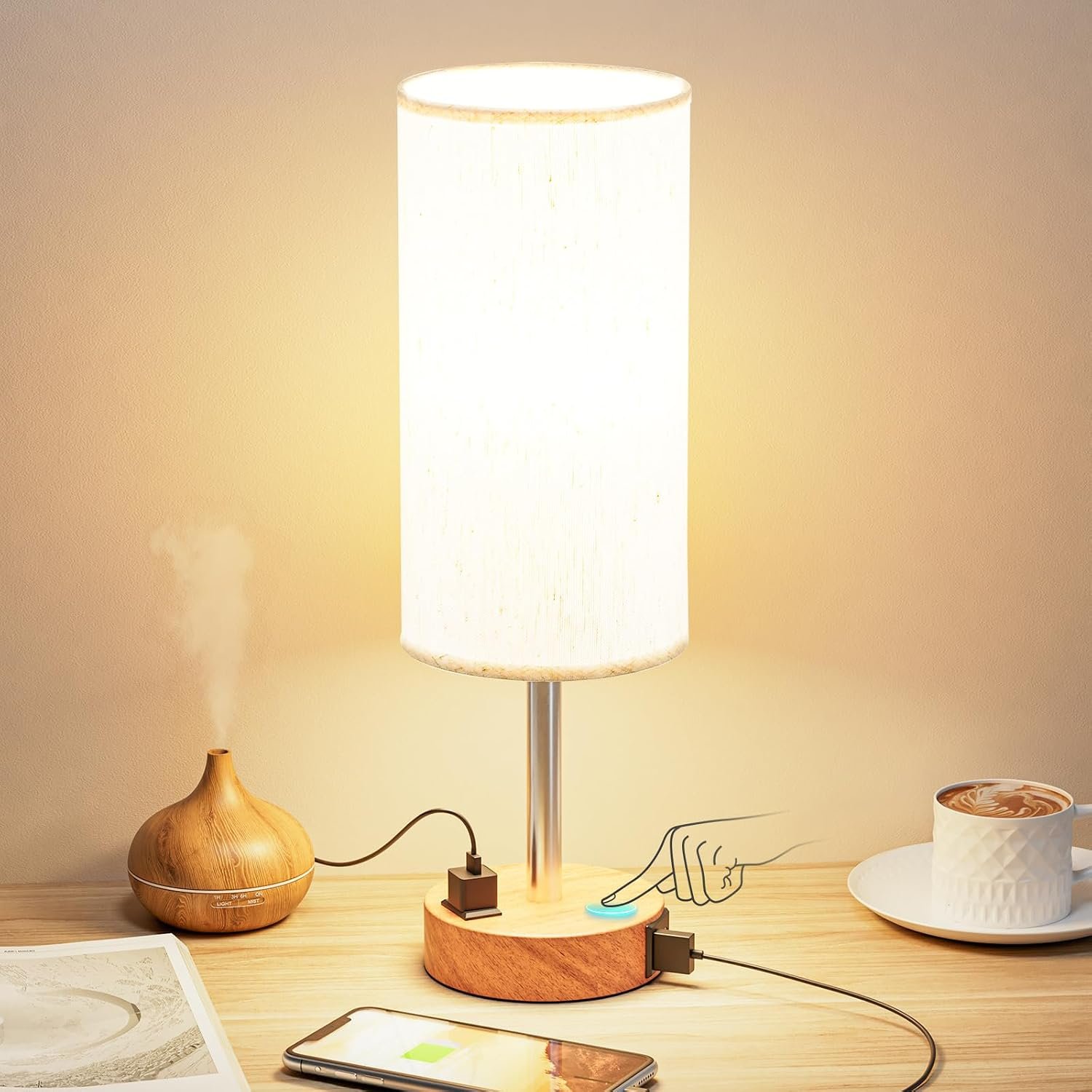 Fenmzee Bedside Table Lamp for Bedroom – Dimmable Touch, USB A+C, AC Outlet