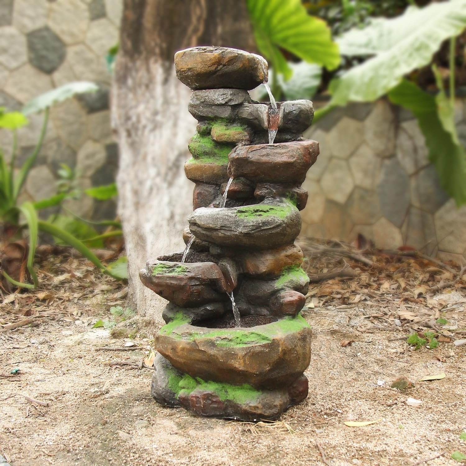 YZM 37.4″ H 6-Tiers Cascading Rock Outdoor Water Fountain with LED Lights