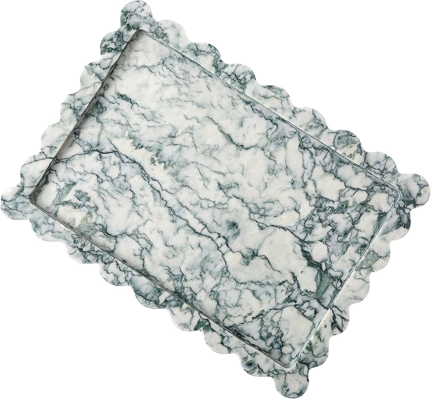 14 x 10 Inch Large Marble Tray, Cyan Green, Scalloped Edge