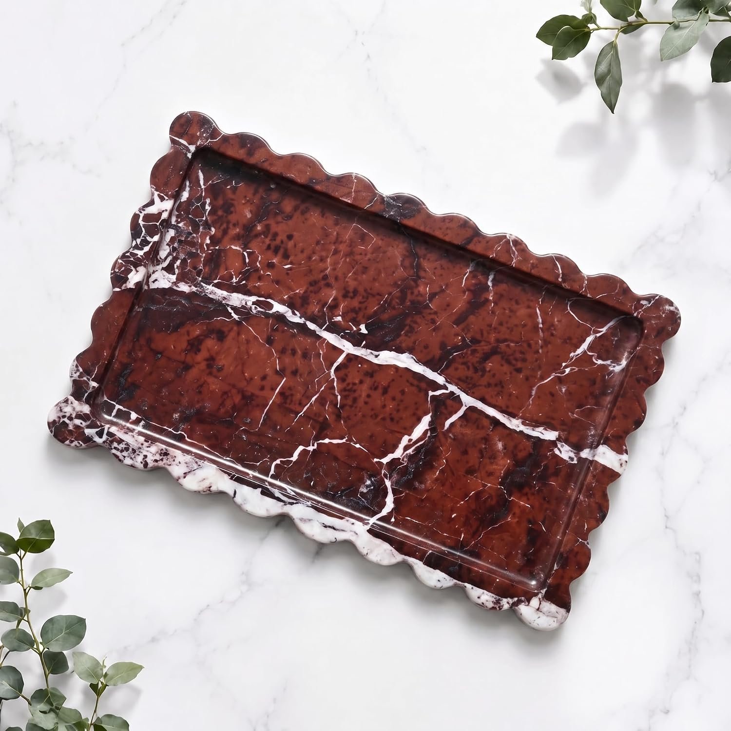 14 x 10 Inch Large Marble Tray, Rosso Levanto, Scalloped Edge